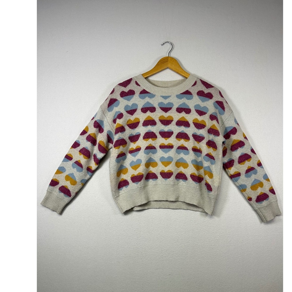 Lovecore Debut Women M Cream Heart Intarsia Knit Crewneck Sweater Y6767